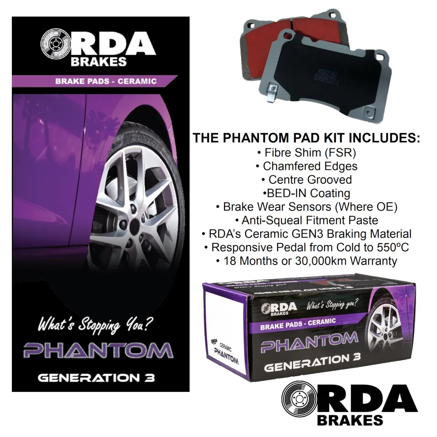 RDA Phantom Ceramic Front Brake Pads for Holden Commodore, Calais, VE 2006-2013, VF 2013-2017 Statesman WM 2006-2010, RDC1949