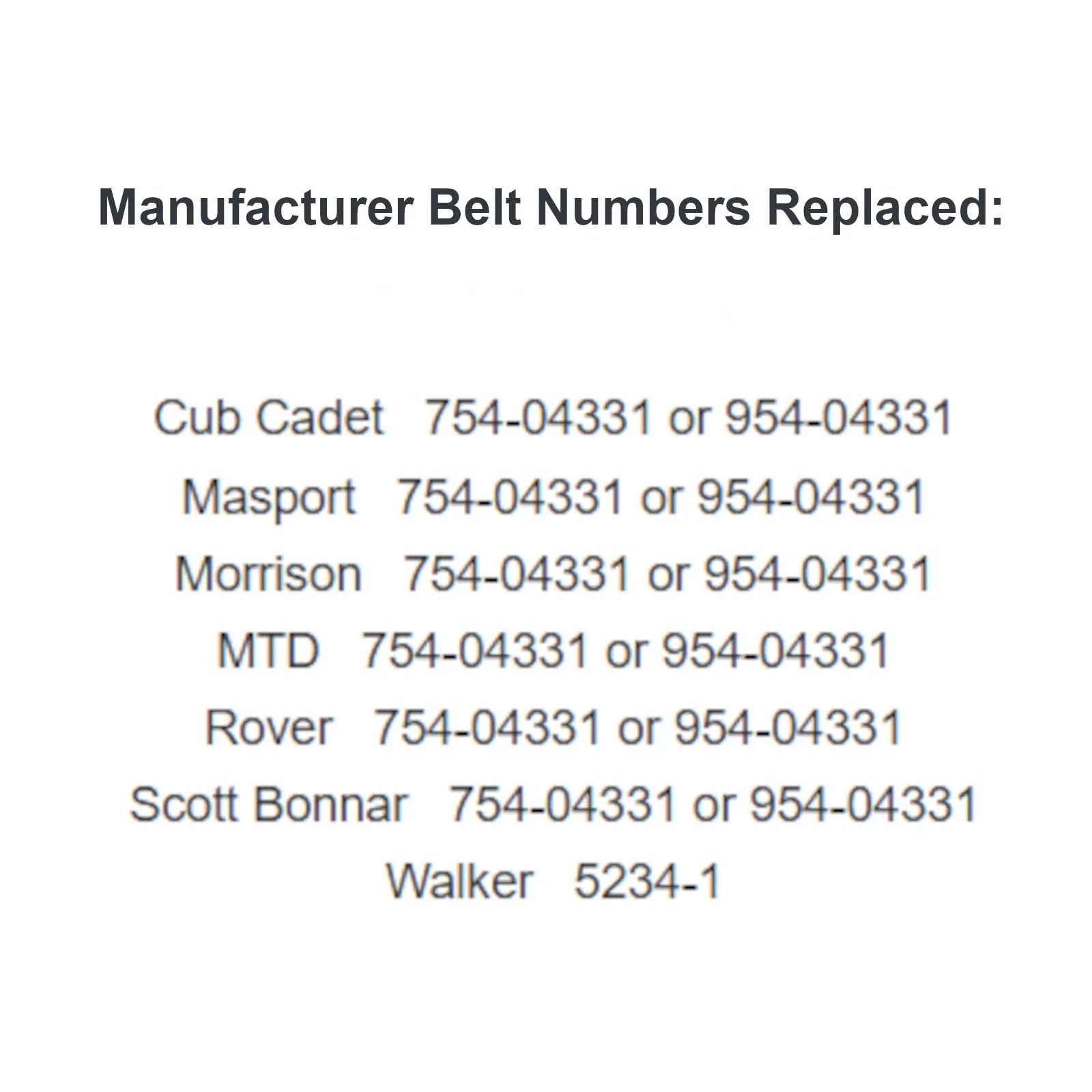Belt for Cub Cadet, Masport, Morrison, MTD, Rover & Scott Bonnar 754-04331 or 954-04331 and Walker 5234-1